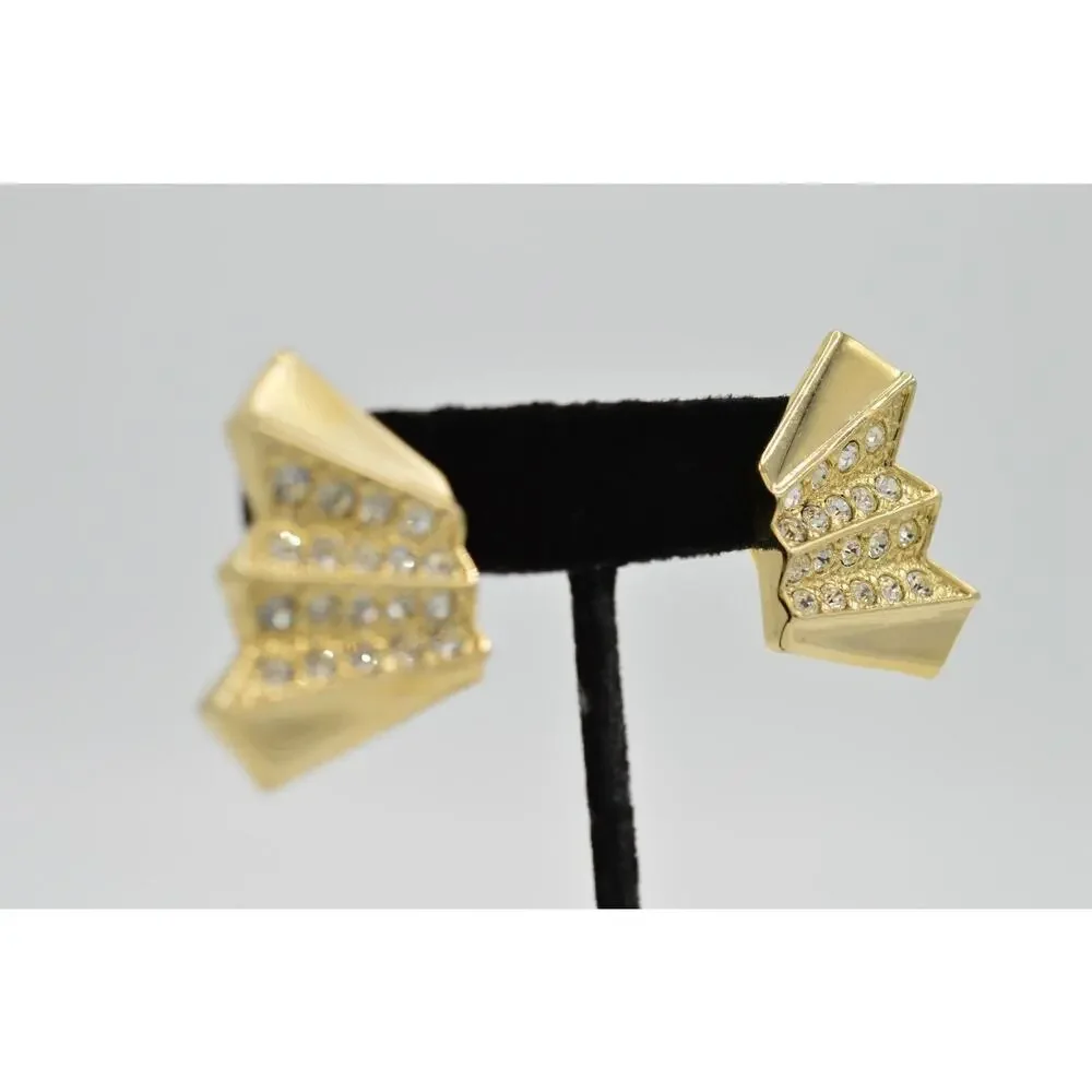 Vintage Crystal Clip On Earrings Gold Tone Sparkling Rhinestone NOS 1980s 9L